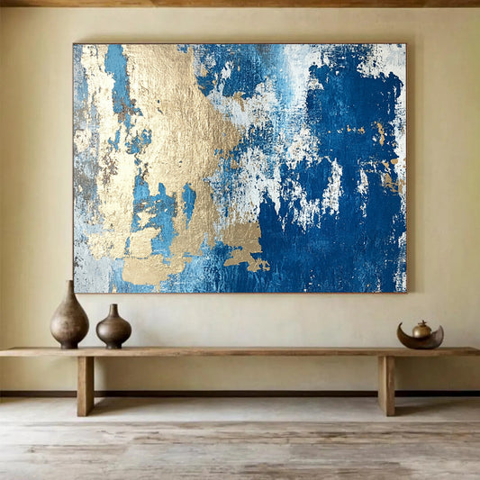 “Textured Gold - Blue Abstract Fusion” - Gold, Blue, Gray, White, Textured Layers Painting On Canvas HB0819