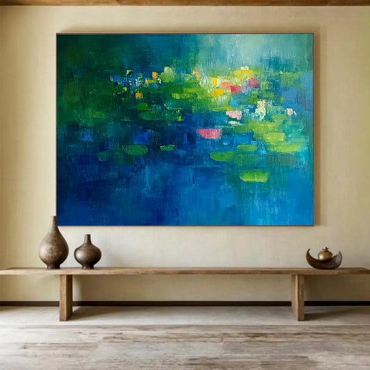 “Lily Pond Dreams” - Rich greens, blues, pops of pink, yellow; Abstracted water lilies, pond; Impressionistic Floral Painting On Canvas HB1149
