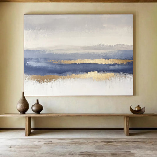 “Gray - Blue Abstract Horizon with Gold Accents” - Gray, Blue, Gold, Subtle Horizon Lines Painting On Canvas HB0853