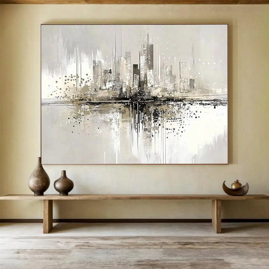 “Cityscape Reflection” - Gray, Beige, Black with Urban Reflections - Abstract Acrylic Painting HB1343