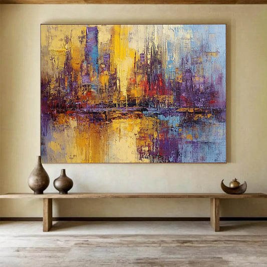 “Colorful City Reflection” - Yellow, Purple, Blue, Abstract Cityscape Reflection Painting On Canvas HB0986