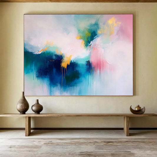 “Pink and Gold Abstract Drip” - Pink, gray, gold; Abstract drip with gold accents; Acrylic Painting On Canvas HB1280