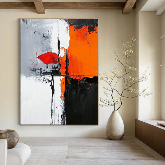 Contemporary abstract painting featuring bold black white orange hues with a gray background light gray red umbrella and chair in a hard-edge style. DLZ0324