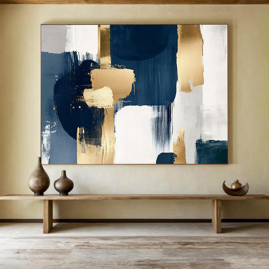 “Navy and Gold Geometric Abstract” - Navy, gray, white, gold; Geometric abstract with gold brushstrokes; Acrylic Painting On Canvas HB1261