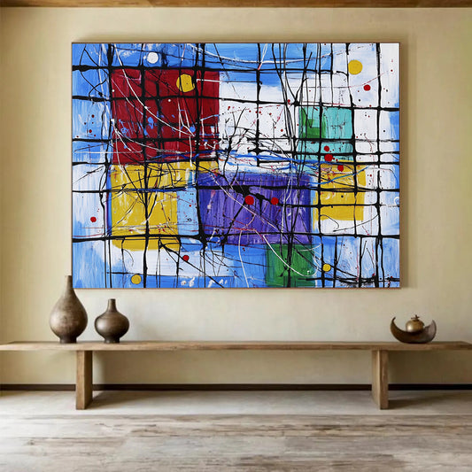 “Colorful Geometric Abstract with Black Grid” - Modernist Painting On Canvas HB0518
