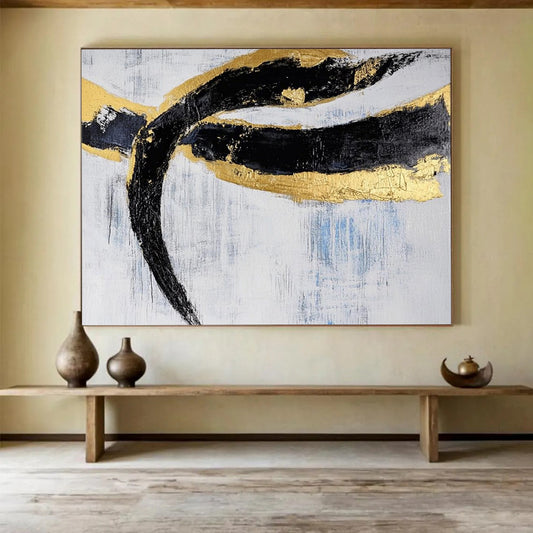 Black, Gold, Blue and White Abstract Swirls "Opulent Motion" Painting On Canvas HB0414