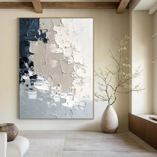 Contemporary hand-painted abstract art featuring textured icebergs in soft neutral tones and melting snowflakes, evoking a modern minimalist aesthetic. DLZ0427