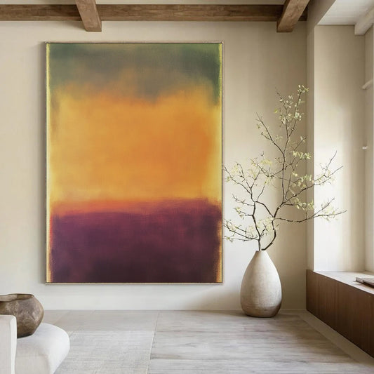 Contemporary hand-painted abstract artwork featuring a serene blurred landscape in earthy tones with a calming purple and vibrant yellow-orange sky. DLZ1389