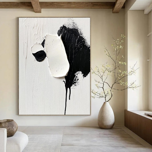 Contemporary hand-painted abstract art featuring a cute panda with detailed strokes of white and black on a minimalist background capturing softness and elegance. DLZ1737