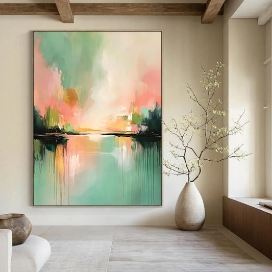 Contemporary abstract painting featuring soft pinks and greens with reflections on water atmospheric clouds and light gold highlights. DLZ0407