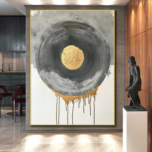 Black, Gray, Gold and Silver Geometric Circles "Harmonious Circles" Painting On Canvas HB384
