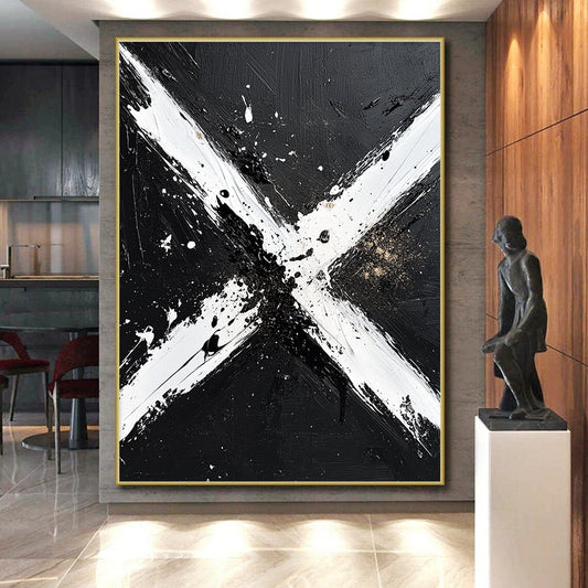 Black, White and Gold Abstract "Dynamic X" Painting On Canvas HB403
