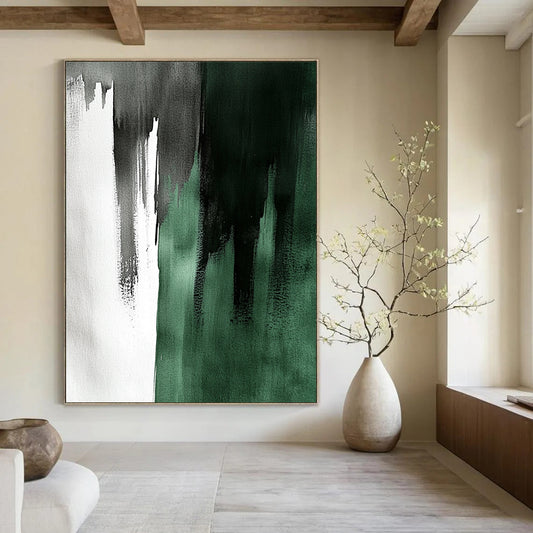 Large contemporary hand-painted abstract artwork featuring emerald green and gray with elegant brushstrokes creating a striking light and shadow contrast. DLZ1736