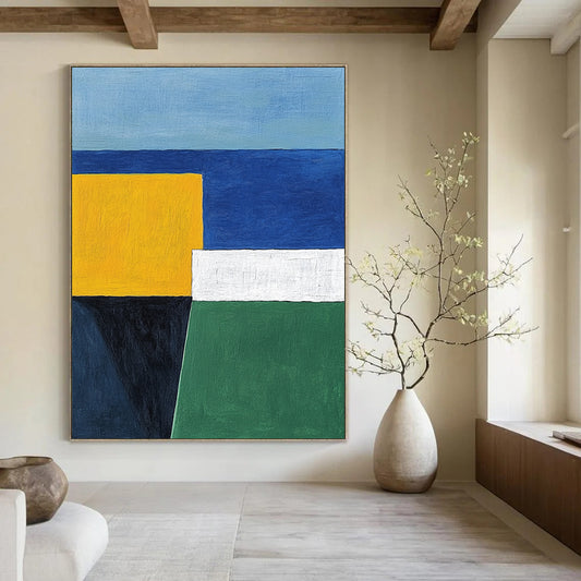 Contemporary hand-painted abstract art featuring blue white and yellow geometric shapes with a minimalist style of yellow green and navy colors. DLZ1320