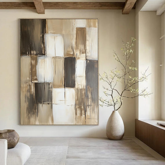 Contemporary hand-painted abstract art featuring neutral shades of beige gray and brown with varying paint block sizes and textures. DLZ0611
