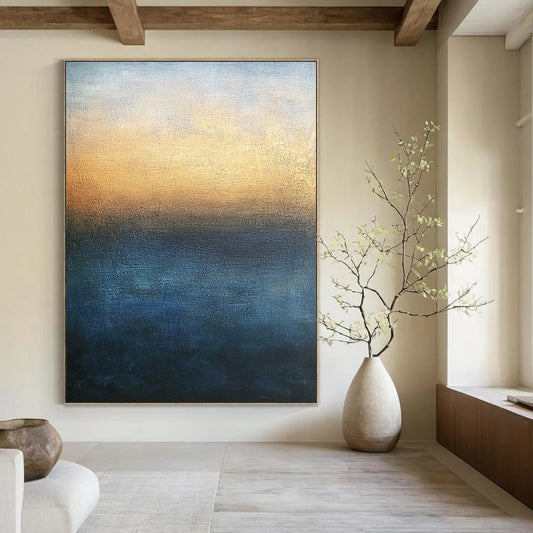 Contemporary large abstract painting with minimalist style in blue and brown tones featuring soft edges gradient sky and tranquil sea for serene atmosphere. DLZ0401
