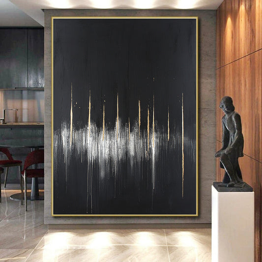 Black, Gold, White, Vertical Drips "Gilded Rain" Abstract Minimalist Painting On Canvas HB085