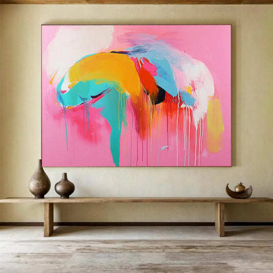 “Colorful Abstract Figure on Pink” - Pink, blue, yellow, orange, red; Abstract figure with colorful drips; Acrylic Painting On Canvas HB1220