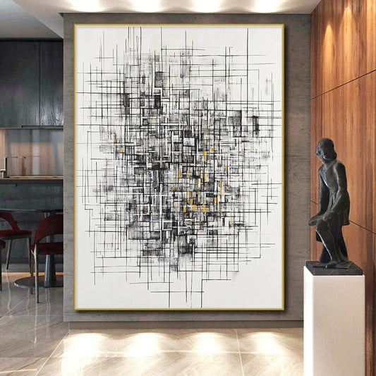 Black, White, Gray, Gold, Tangled Linework "Gilded Chaos Weave" Abstract Expressionist Painting On Canvas HB126