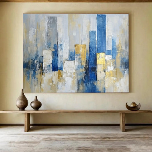 “Minimalist City Abstraction” - Blue, Gray, Gold, Abstract Cityscape HB1137