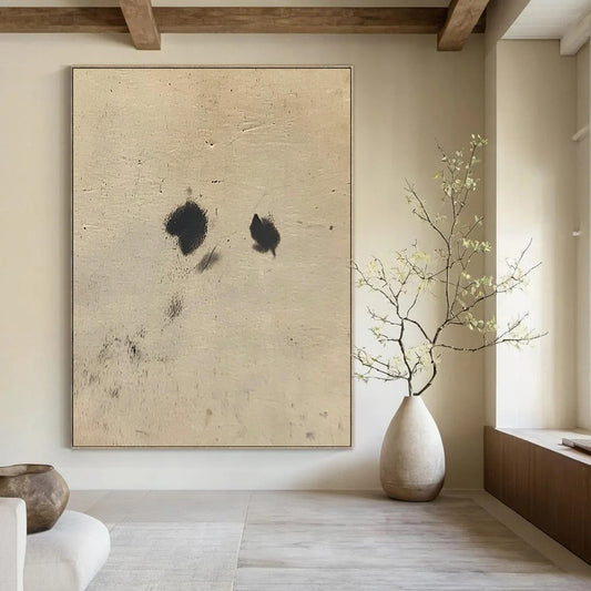 Contemporary abstract art featuring intertwined black spots on white fur against a soft beige background, inspired by Cuno Amiet’s unique style. DLZ1200