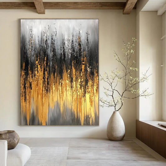 Large contemporary abstract painting featuring gray and gold tones with textured brushstrokes and delicate light effects on a soft background. DLZ0746