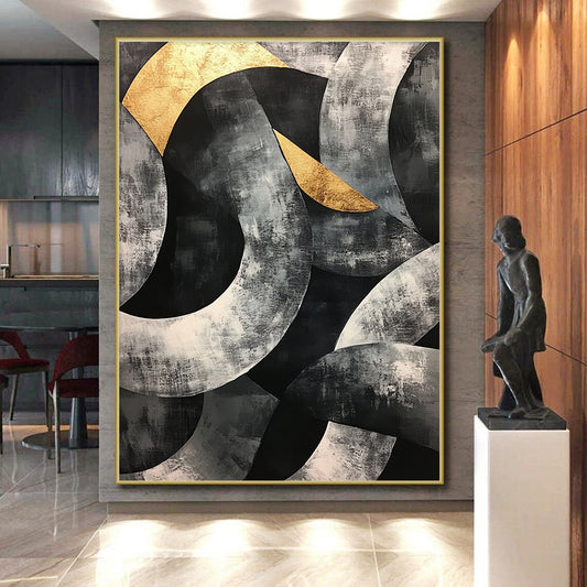 Gray, Black, Gold and Silver Geometric Abstraction "Complex Circles" Painting On Canvas HB400