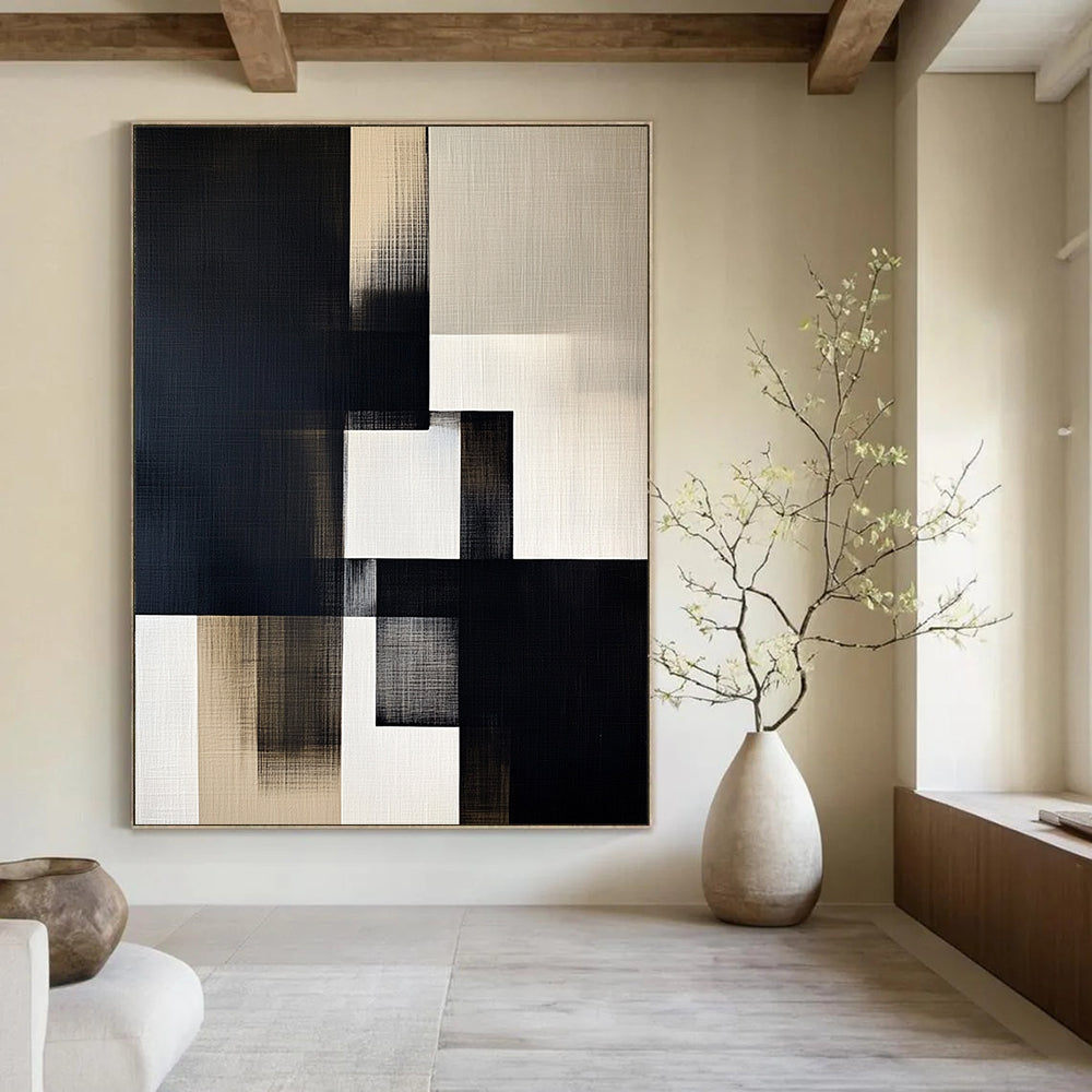 Contemporary hand-painted abstract artwork featuring black, white, and gray geometric shapes on off-white linen with illuminated highlights. DLZ1307