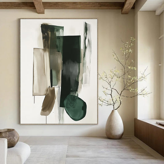 Abstract contemporary hand-painted artwork showcases geometric shapes in green and gray on a white background with a striking vertical line dividing the composition. DLZ0873