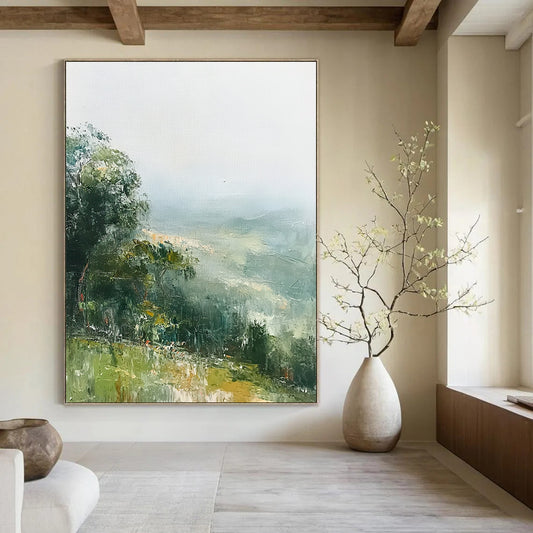 Contemporary abstract painting featuring tranquil green hills and soft mist in muted tones inspired by Richard Schmid artistry. DLZ0485