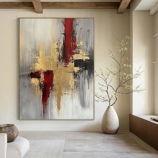 Contemporary hand-painted abstract artwork featuring a beige and red palette enhanced with gold foil accents for a striking visual appeal. DLZ0696