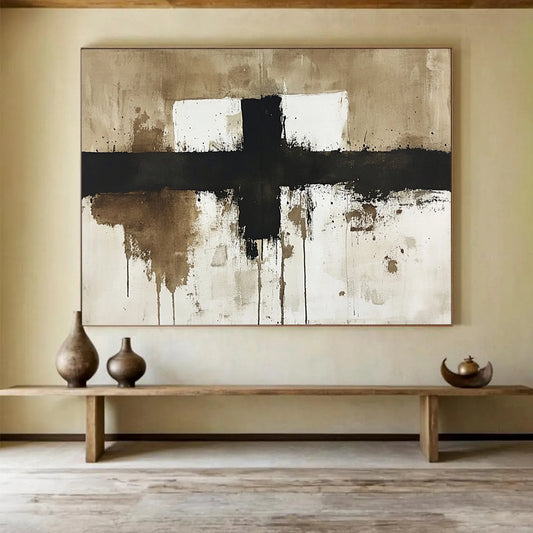 “Minimalist Cross in Earth Tones” - Black, Brown, White, Simplified Cross with Dripping Effects - Abstract Ink - style Painting HB1767