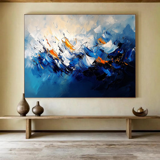 “Blue - Orange Abstract Wave Motion” - Blue, Orange, White, Dynamic Wave Shapes Painting On Canvas HB0830