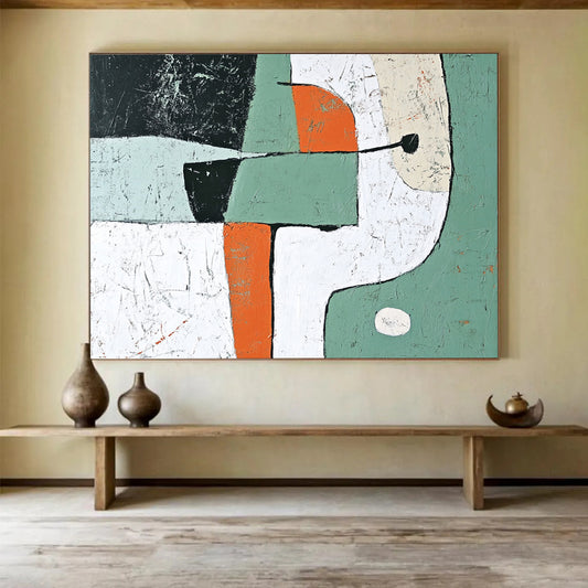 “Playful Shapes” - Green, Orange, White, Abstract Forms - Modernist Acrylic Painting HB1529