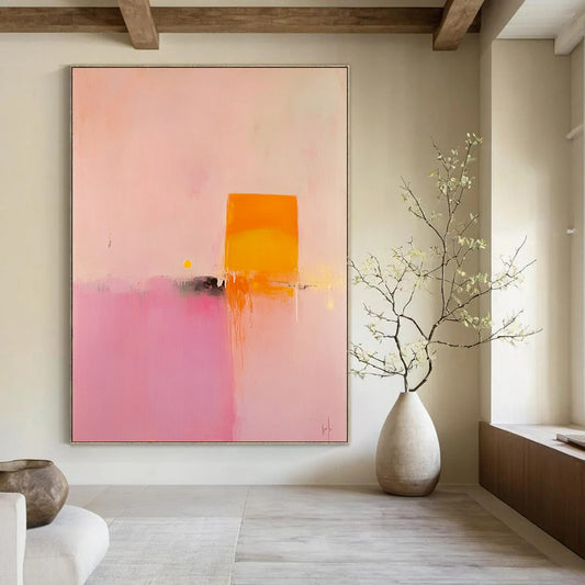 Contemporary hand-painted abstract art featuring soft pink and orange hues with a central yellow geometric shape creating a serene minimalist landscape. DLZ1474