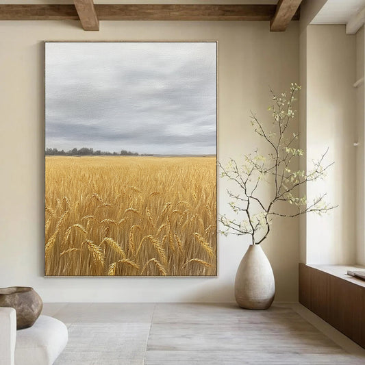 Contemporary hand-painted abstract art featuring a vast wheat field in soft earth tones and greys, capturing nostalgia beneath an overcast sky. DLZ1486