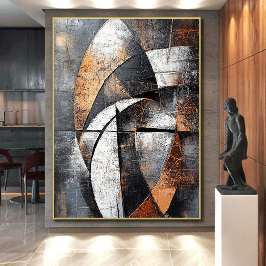 Gray, Black, White, Brown, Geometric Arcs "Industrial Rhythm" Abstract Cubist - Inspired Painting On Canvas HB061