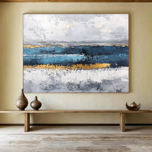 “Gray - Blue Abstract with Gold Accents” - Gray, Blue, Gold, Horizontal Strokes Painting On Canvas HB0838