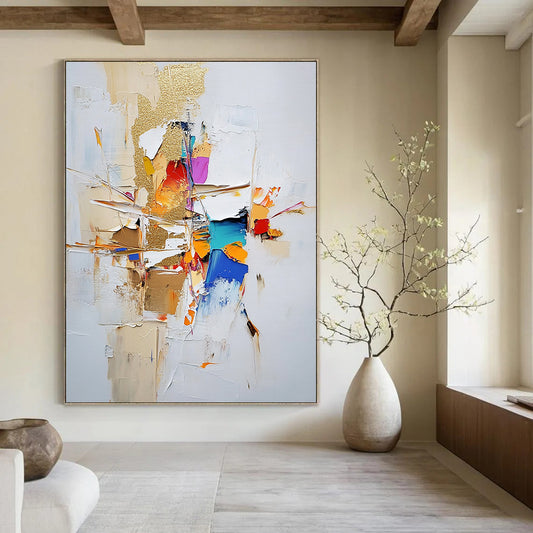 Contemporary large abstract painting featuring gold leaf and textured strokes in neutral tones with vibrant accents on a white background. DLZ0744