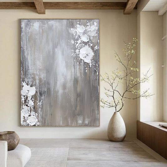 Contemporary hand-painted abstract art featuring a neutral gray and white palette with dynamic paint splashes on canvas for a minimalist aesthetic. DLZ0715