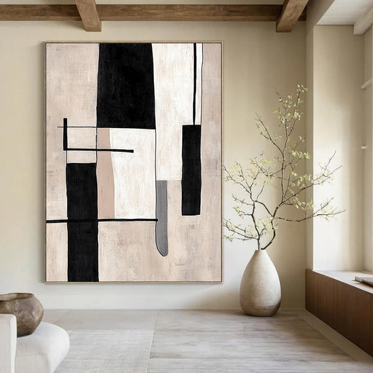 Contemporary hand-painted abstract artwork featuring minimalist black and white lines and simple shapes on a beige background. DLZ1394