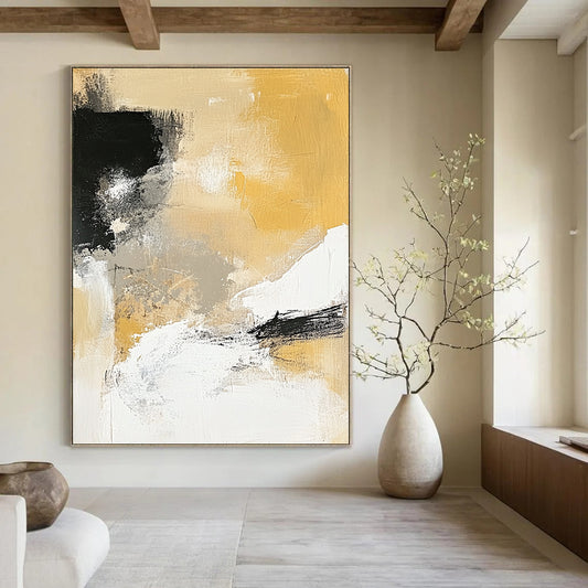 Contemporary hand-painted abstract artwork featuring neutral tones in black and white combined with vibrant yellow for a striking visual impact. DLZ0278