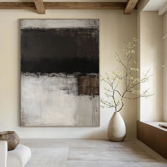 Contemporary hand-painted abstract art featuring a monochromatic white and grey palette with dark brown stripes and rich textured brush strokes on wood panel. DLZ1079