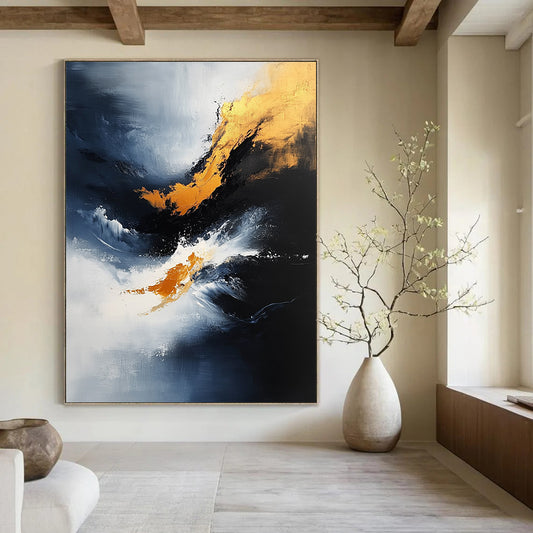 Contemporary abstract painting features dynamic brush strokes and atmospheric clouds in blue, black, and gold on textured canvas. DLZ0357