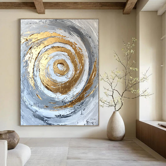 Contemporary abstract artwork features gold accents on a textured white and grey background with bold brush strokes and palette knife techniques. DLZ0808