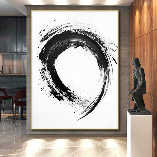 Black Textured Circular Ink - “Smooth Enso Flow” Painting On Canvas HB233