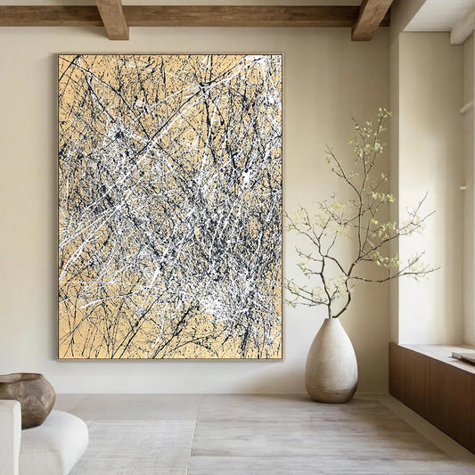 Contemporary hand-painted abstract artwork features dynamic brush strokes and expressive composition in white and black against a light brown background. DLZ1162
