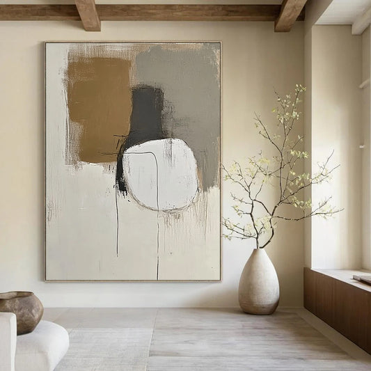Contemporary hand-painted abstract artwork featuring minimalist design in neutral whites and grays with brown accents showcasing thin lines and simple shapes. DLZ0425