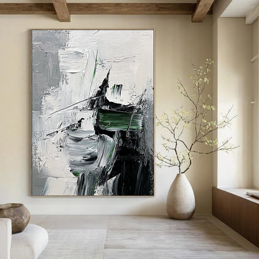 Contemporary abstract painting showcasing impasto textures with green strokes on a monochrome grey and black backdrop featuring a hint of fur detail. DLZ0748