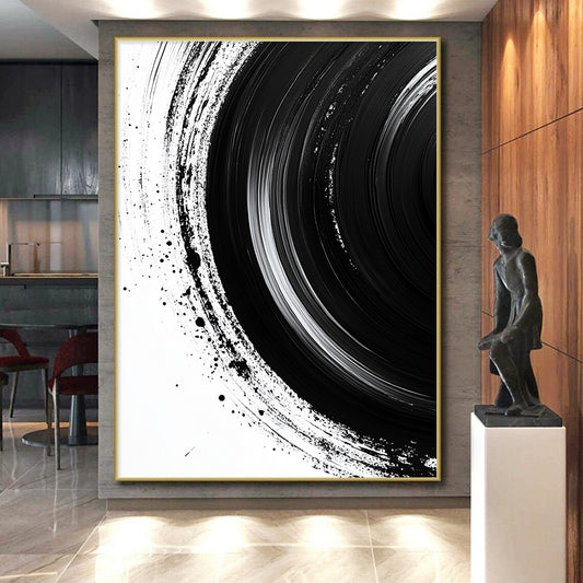 Black Concentric Brushstrokes on White - “Infinite Ink Vortex” Painting On Canvas HB217